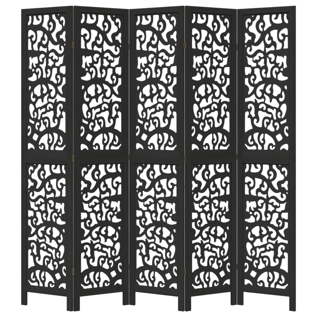 Room Divider 5 Panels Black Solid Wood Paulownia